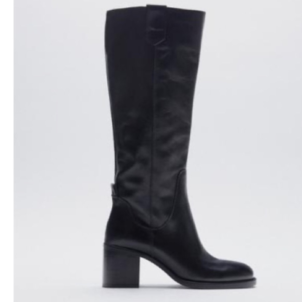 Zara Wide Block Heel Leather Knee High Boots